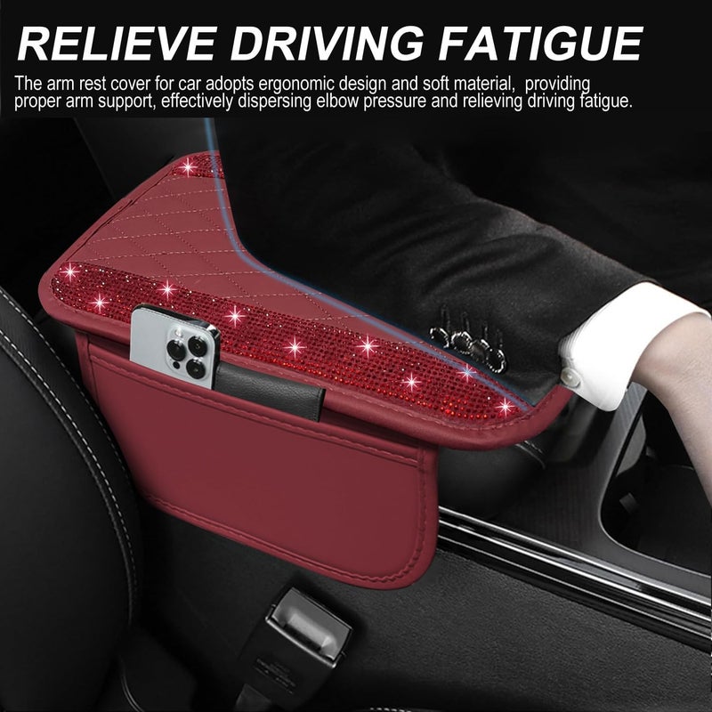 NBTEPEM Bling Burgundy Red Car Center Console Cover, Leather Car Arm Rest Cover with 2 Storage Bags, Universal Auto Armrest Protector Storage Box, Bling Accessories Interior for Most Vehicles - Image 4